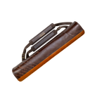 Brown leather pool cue case with double straps and embossed text detailing on a white background.