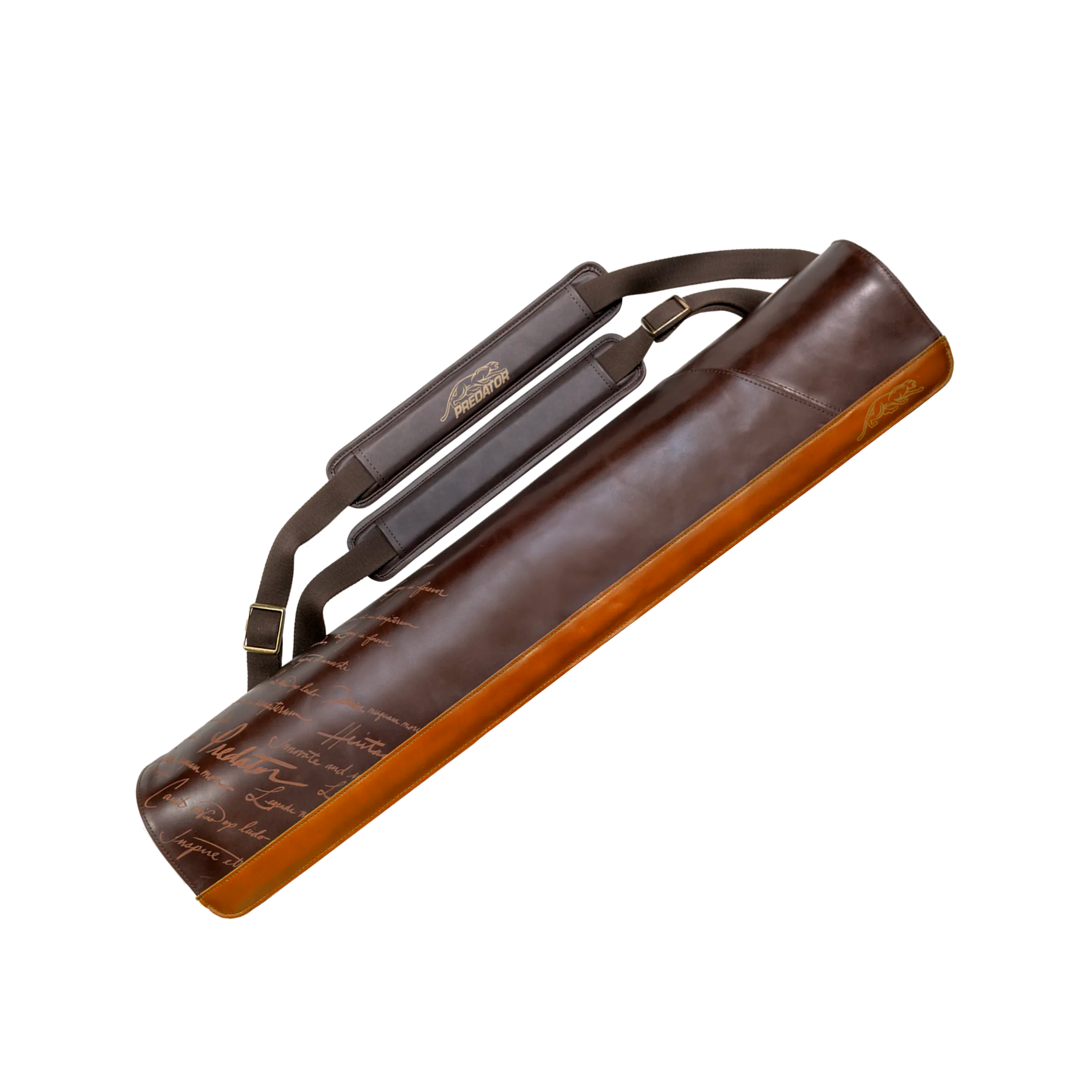 Brown leather pool cue case with double straps and embossed text detailing on a white background.