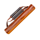 Brown leather pool cue case with black and brown straps on a white background.