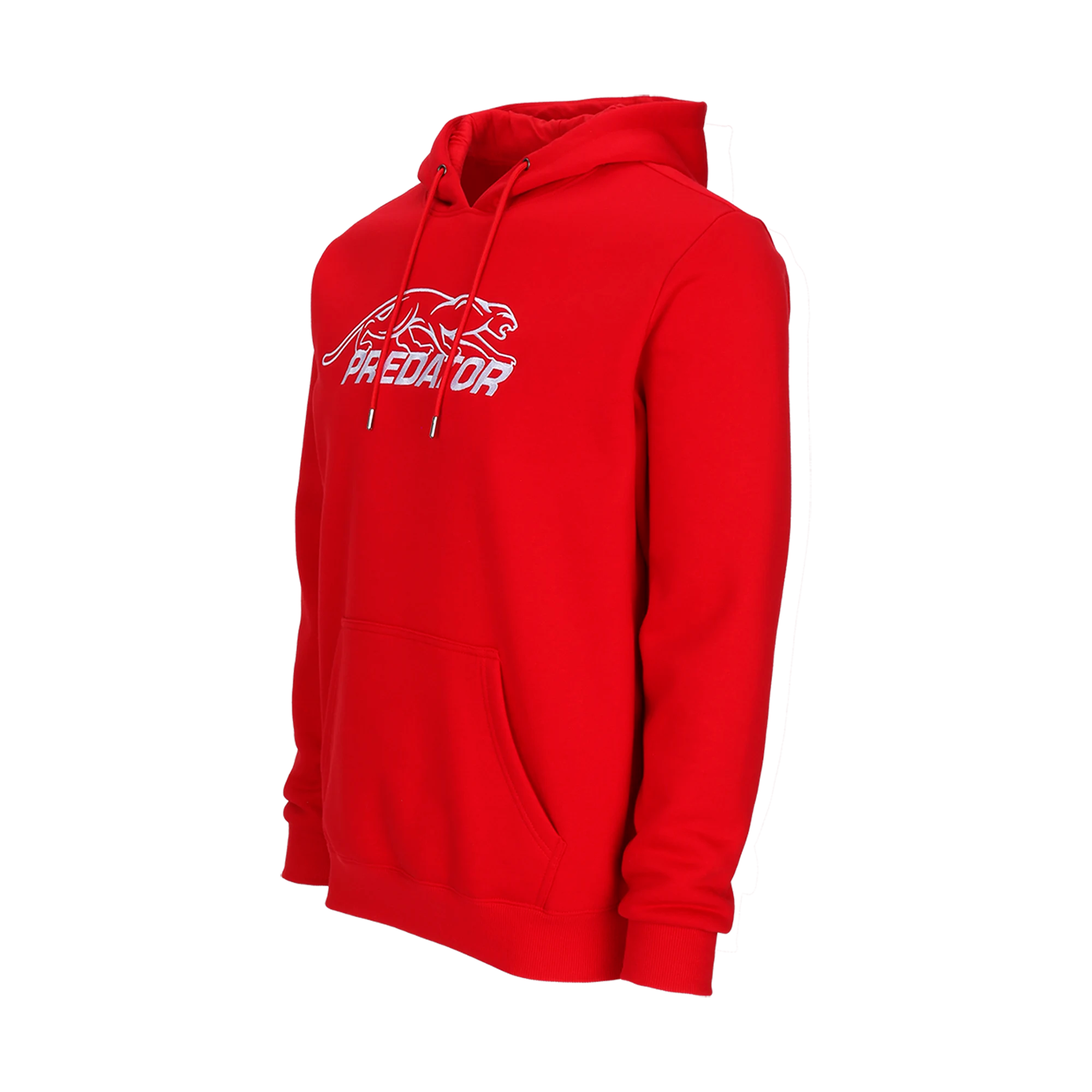 Red hoodie with white Predator logo against a white background.