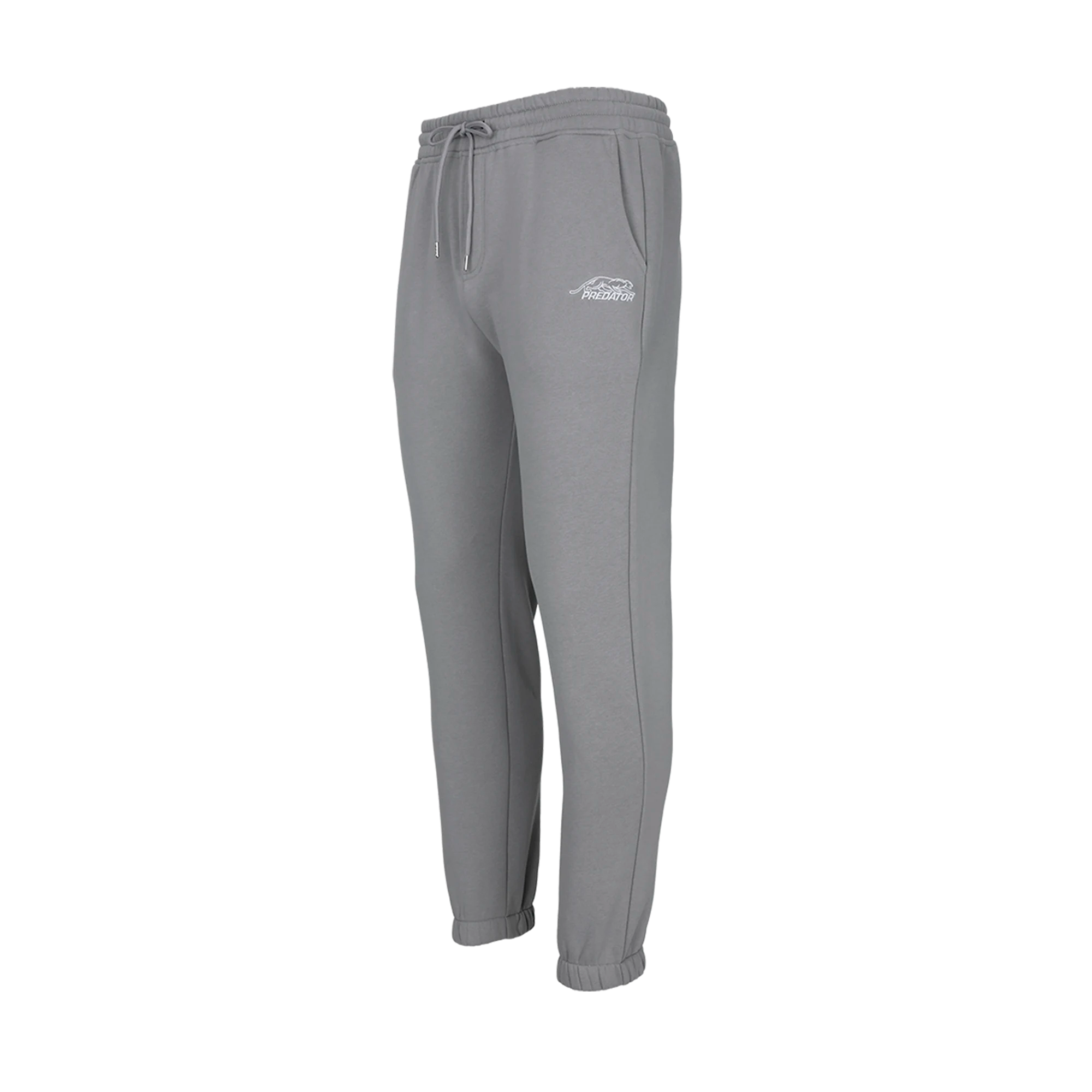 Grey drawstring jogging pants with white Predator logo against a white background.