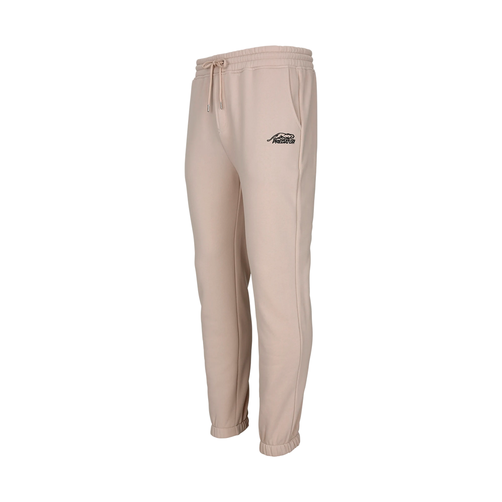 Ivory drawstring jogging pants with black Predator logo against a white background.