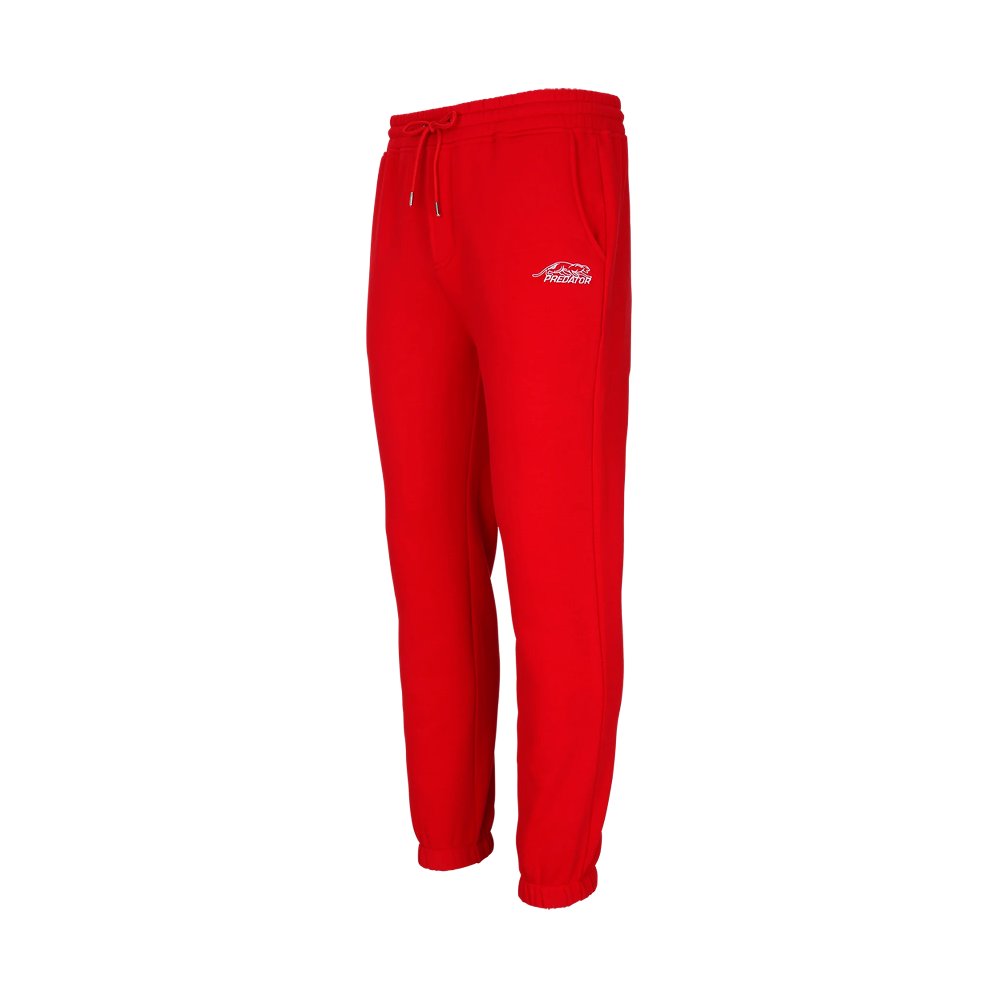 Red drawstring jogging pants with white Predator logo against a white background.