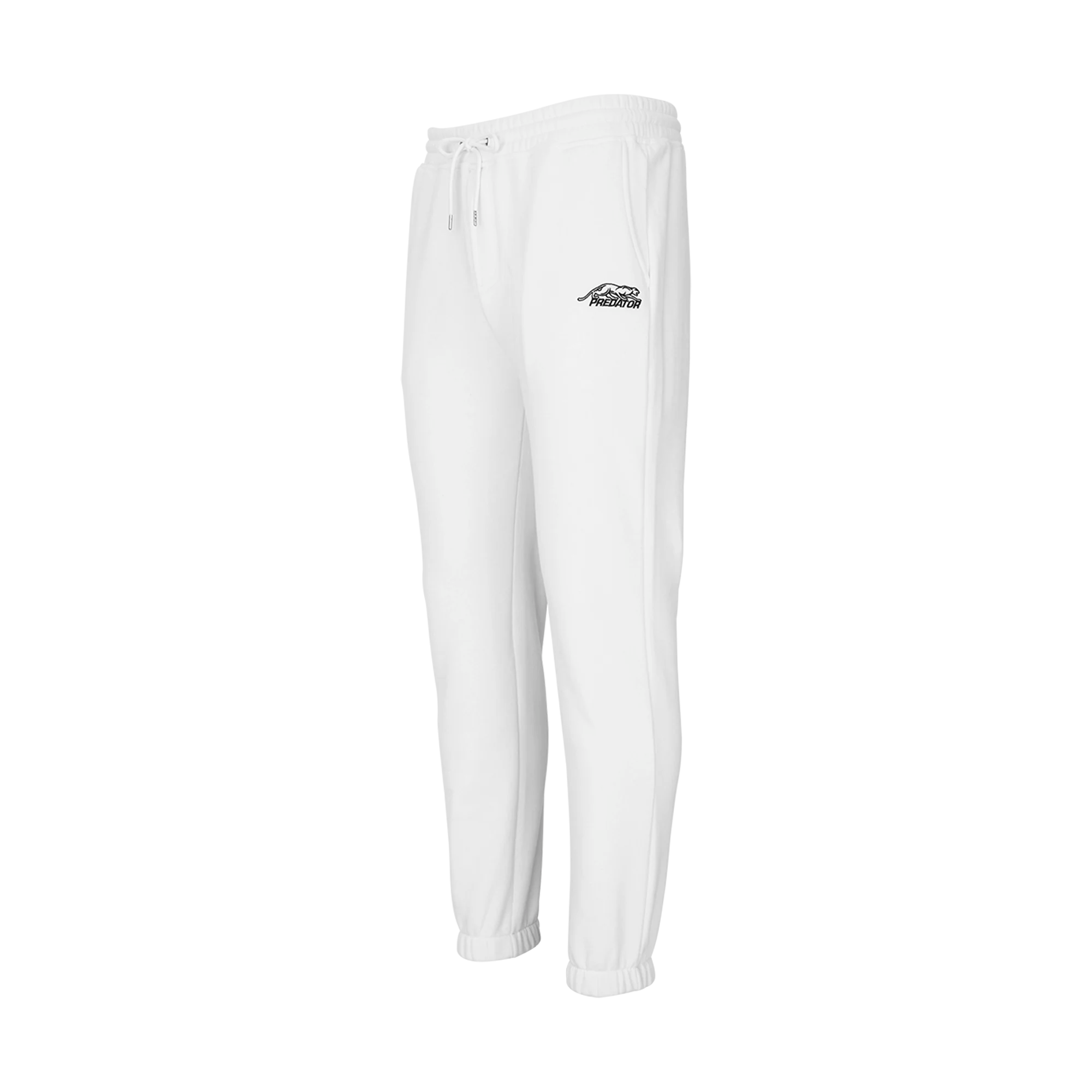 White drawstring jogging pants with black Predator logo against a white background.