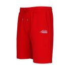 Red drawstring shorts with white Predator logo against a white background.