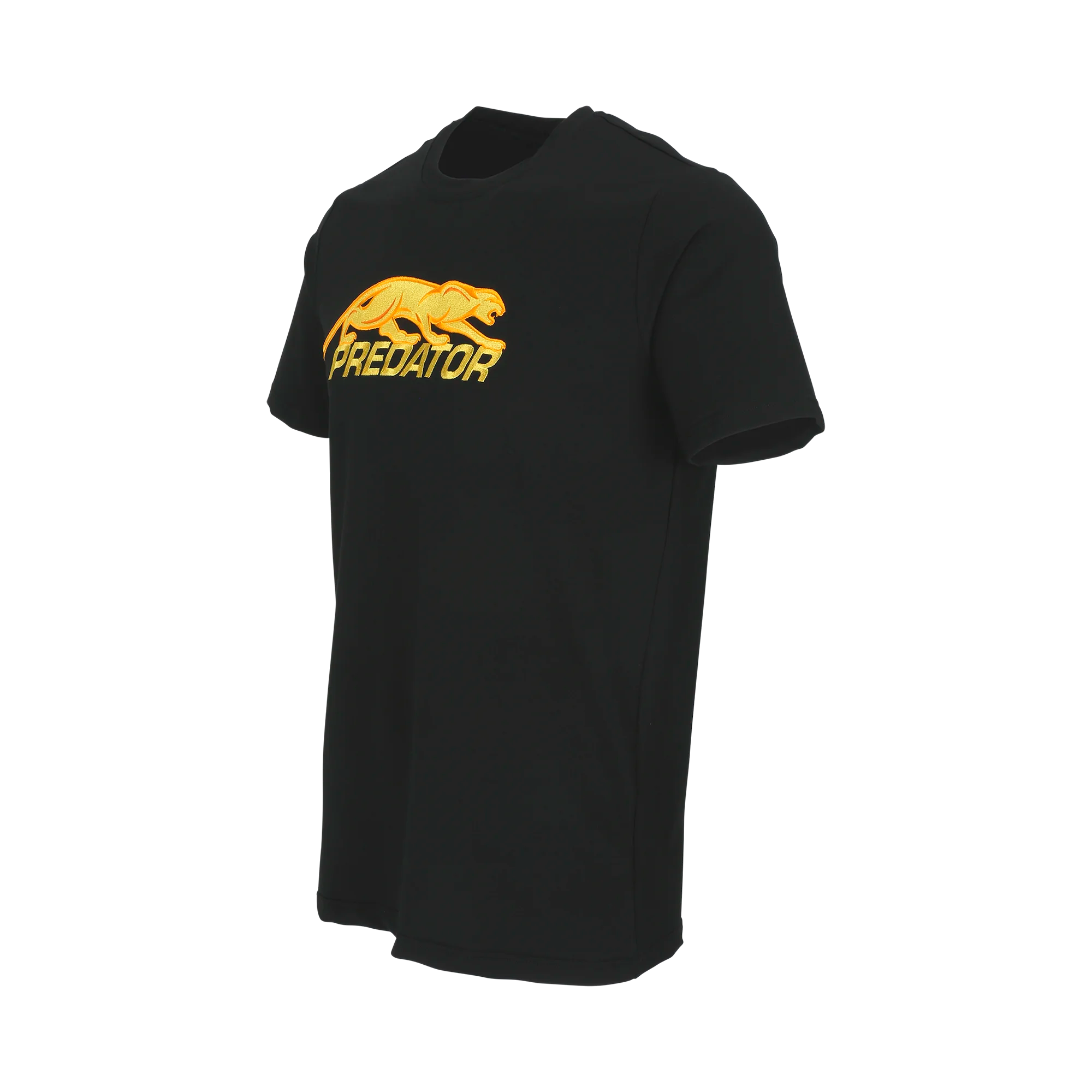 Black t-shirt with yellow embroidered Predator logo on a white background.