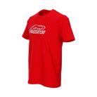 Red t-shirt with white Predator logo against a white background. 