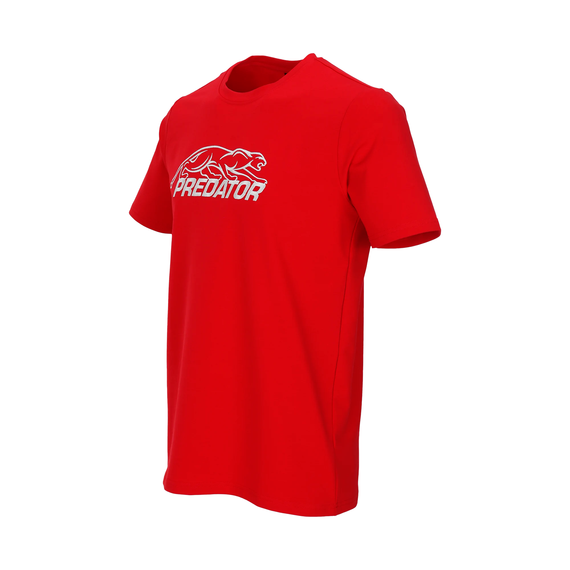 Red t-shirt with white Predator logo against a white background. 