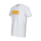 White t-shirt with gold embroidered Predator logo on a white background.