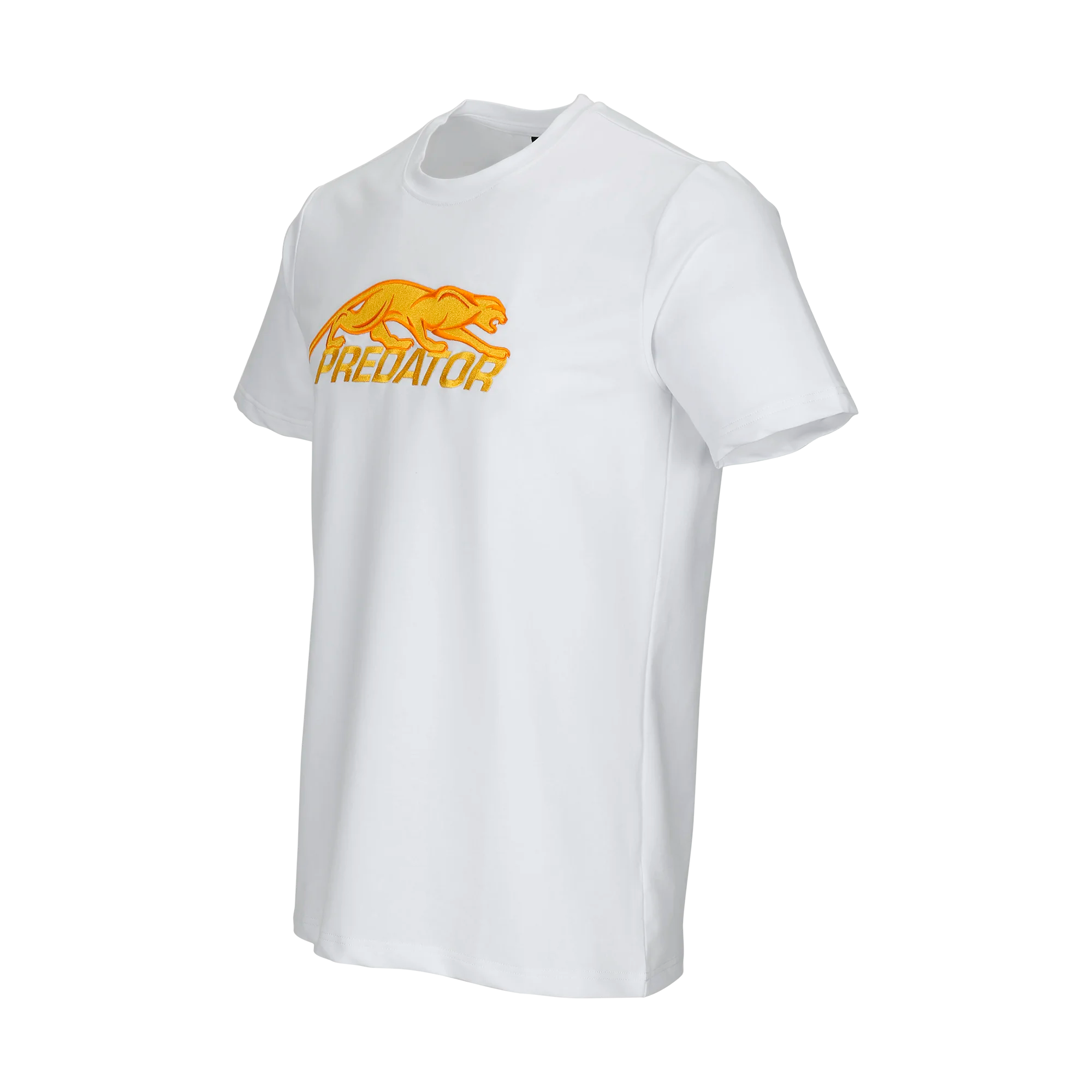 White t-shirt with gold embroidered Predator logo on a white background.