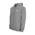 Grey zip-up hoodie with white Predator logo on white background.