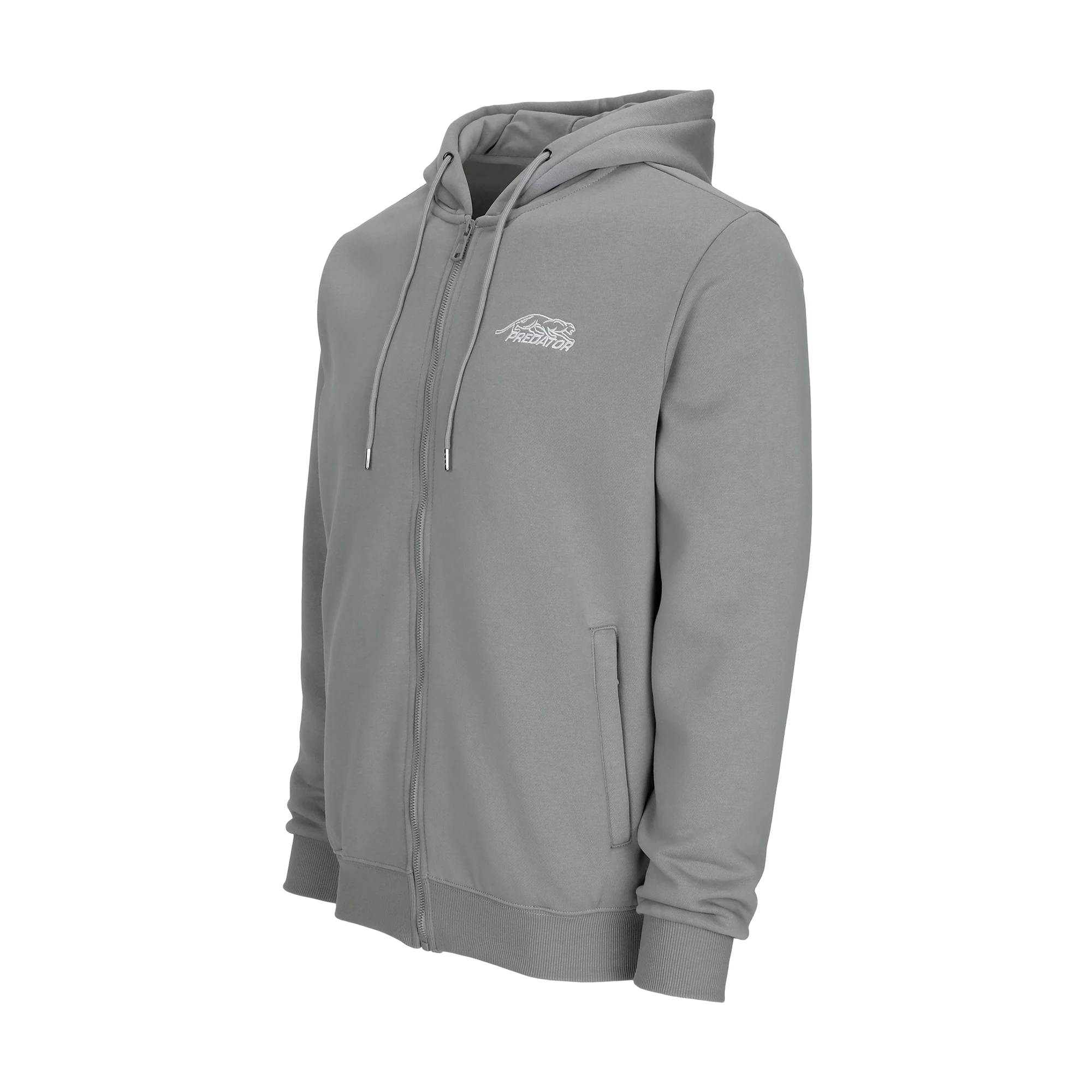 Grey zip-up hoodie with white Predator logo on white background.