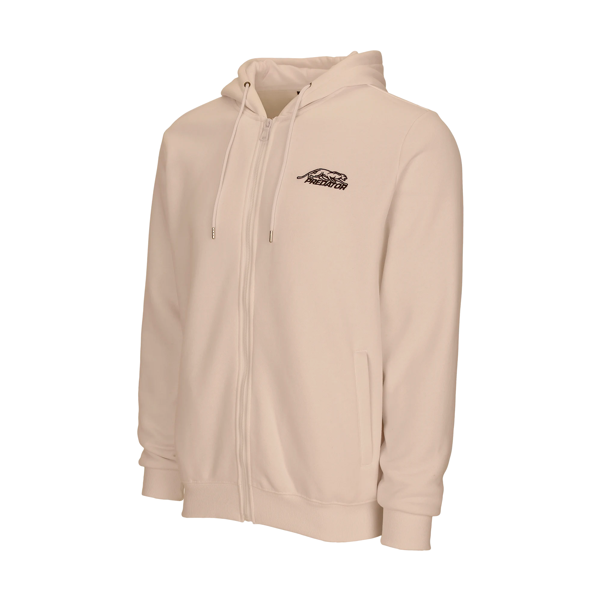 Ivory-colored zip-up hoodie with black predator logo on white background.