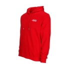 Red zip-up hoodie with white Predator logo on white background.