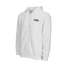 White zip-up hoodie with black Predator logo on white background.