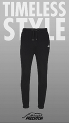 Rotating image of black joggers with a white PREDATOR logo featuring TIMELESS STYLE text.