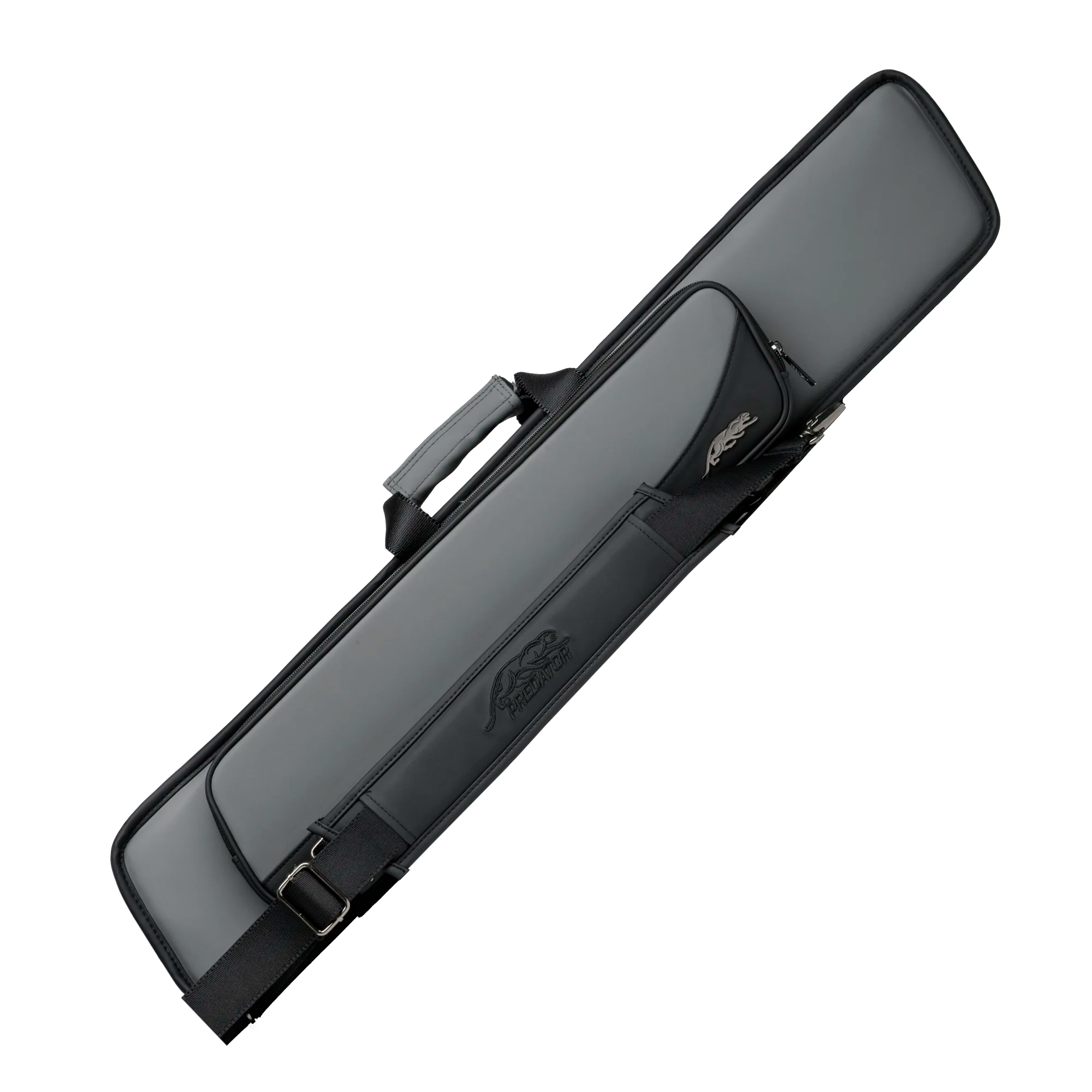 Rectangular grey pool cue case with black accents and panther logo