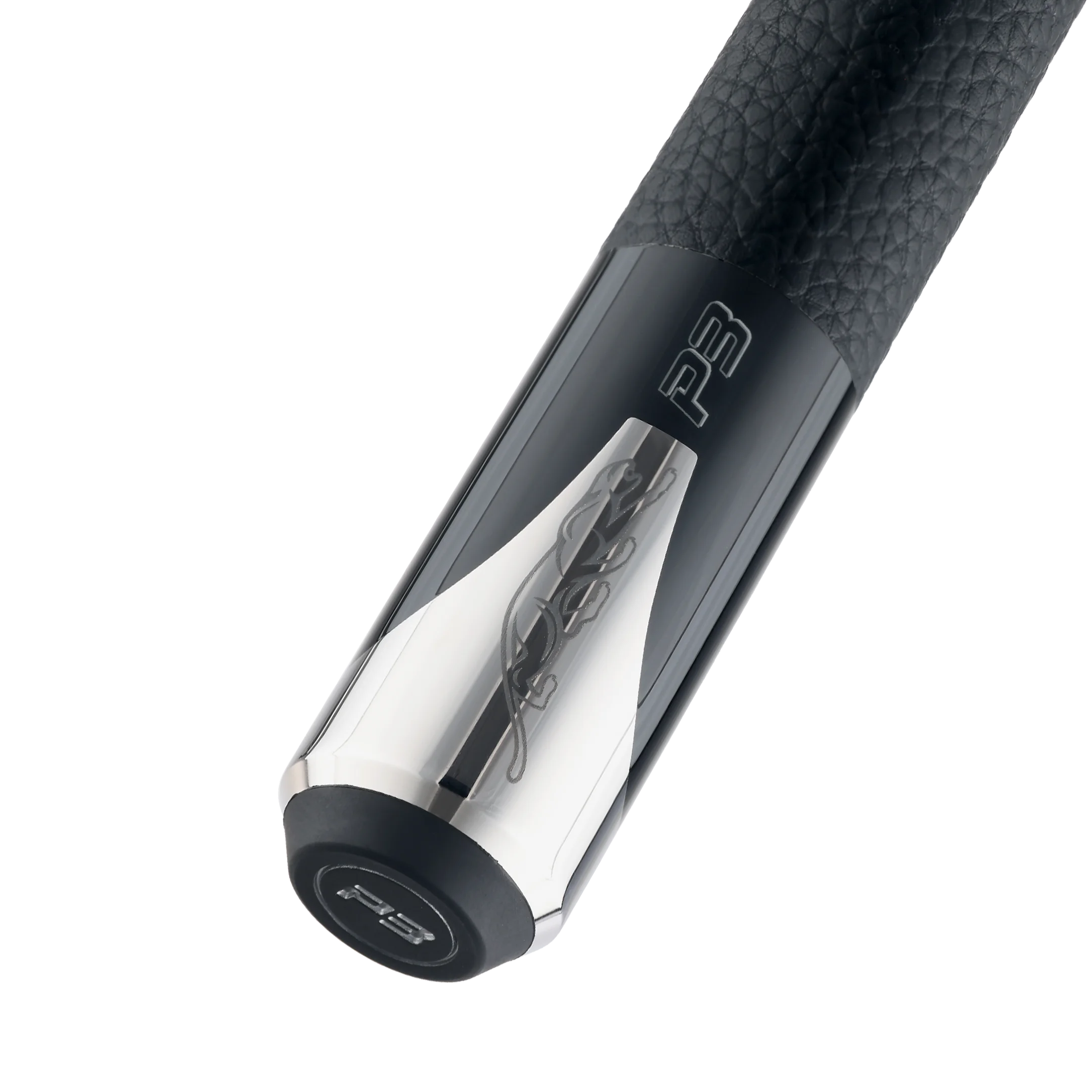P3 black pool cue luxe leather wrap butt closeup