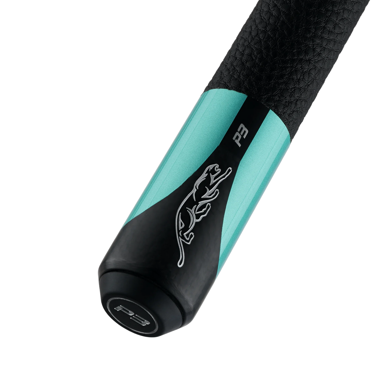 P3 Painted Teal Leather Luxe Wrap Pool Cue Butt With Predator Brand Mark Radial Pin