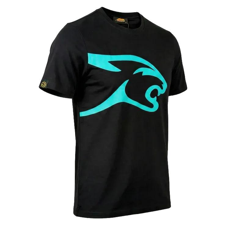 Black and Teal Predator Cat Shirt Front