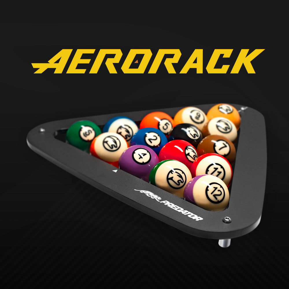 Aerorack pool ball rack with billiard balls on a black background