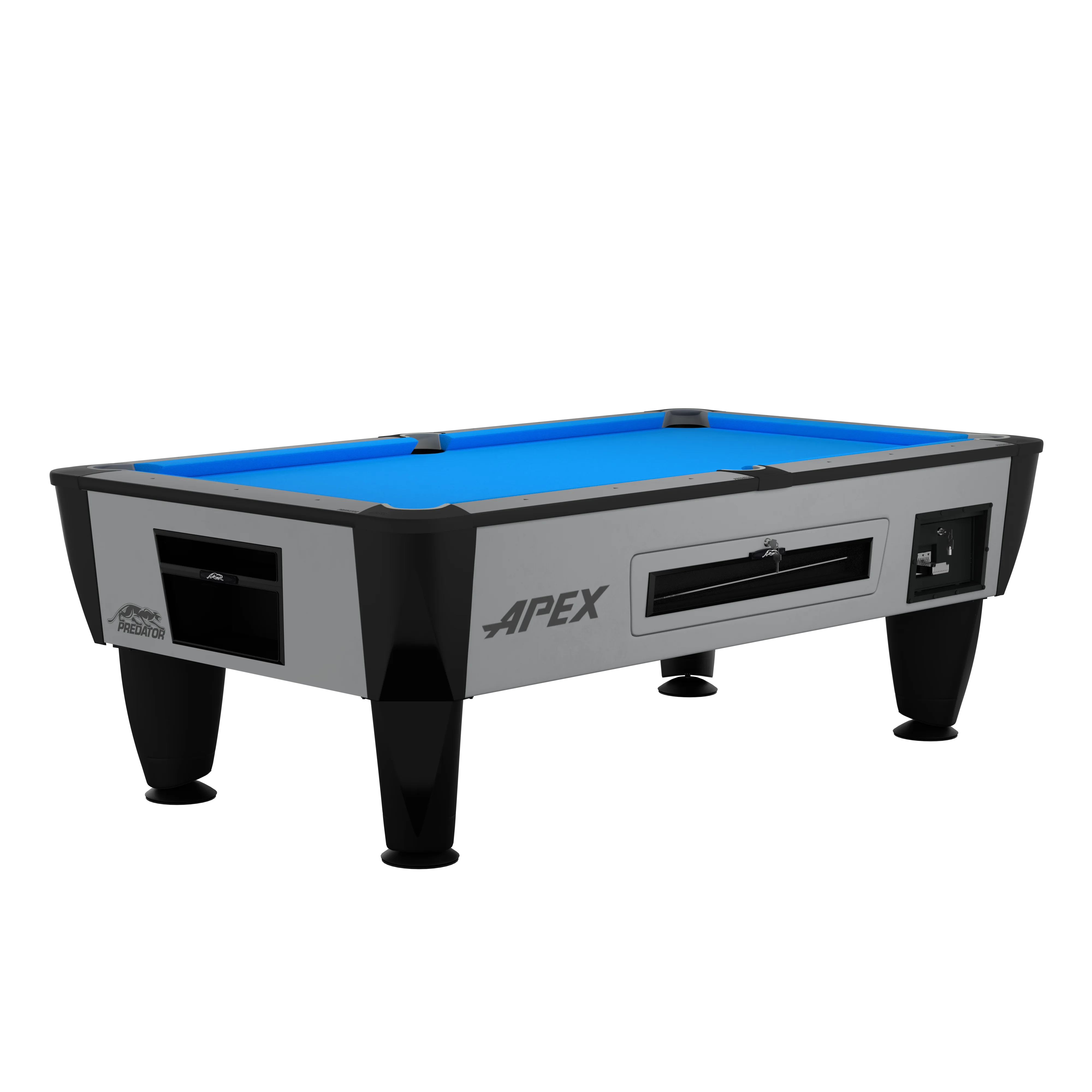 Apex Pool table with blue felt surface