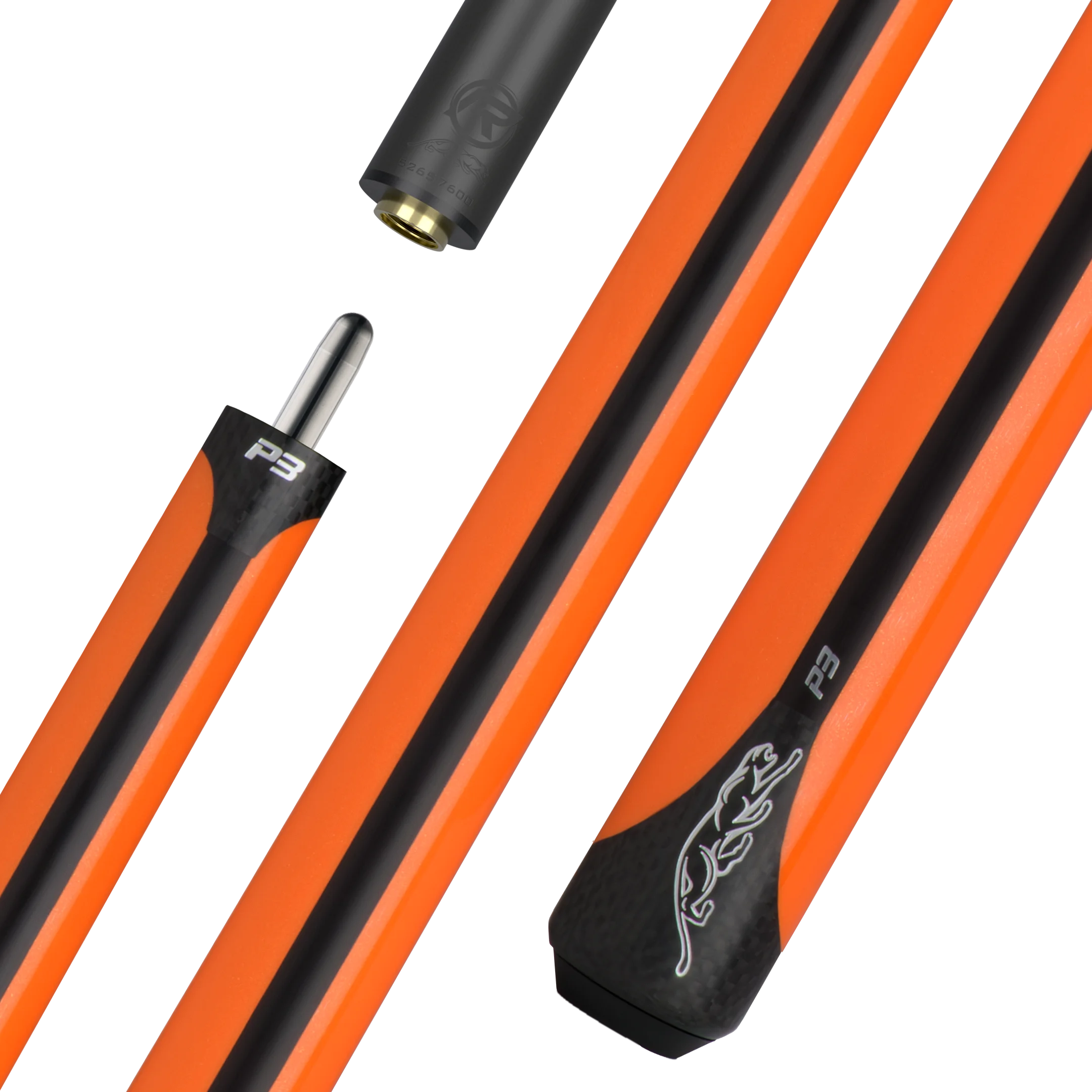 P3 Orange No Wrap pool cue with logo