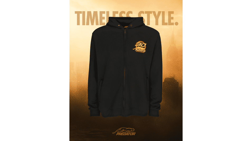 GIF of spinning black hoodie with gold 30 PREDATOR logo, featuring TIMELESS STYLE text