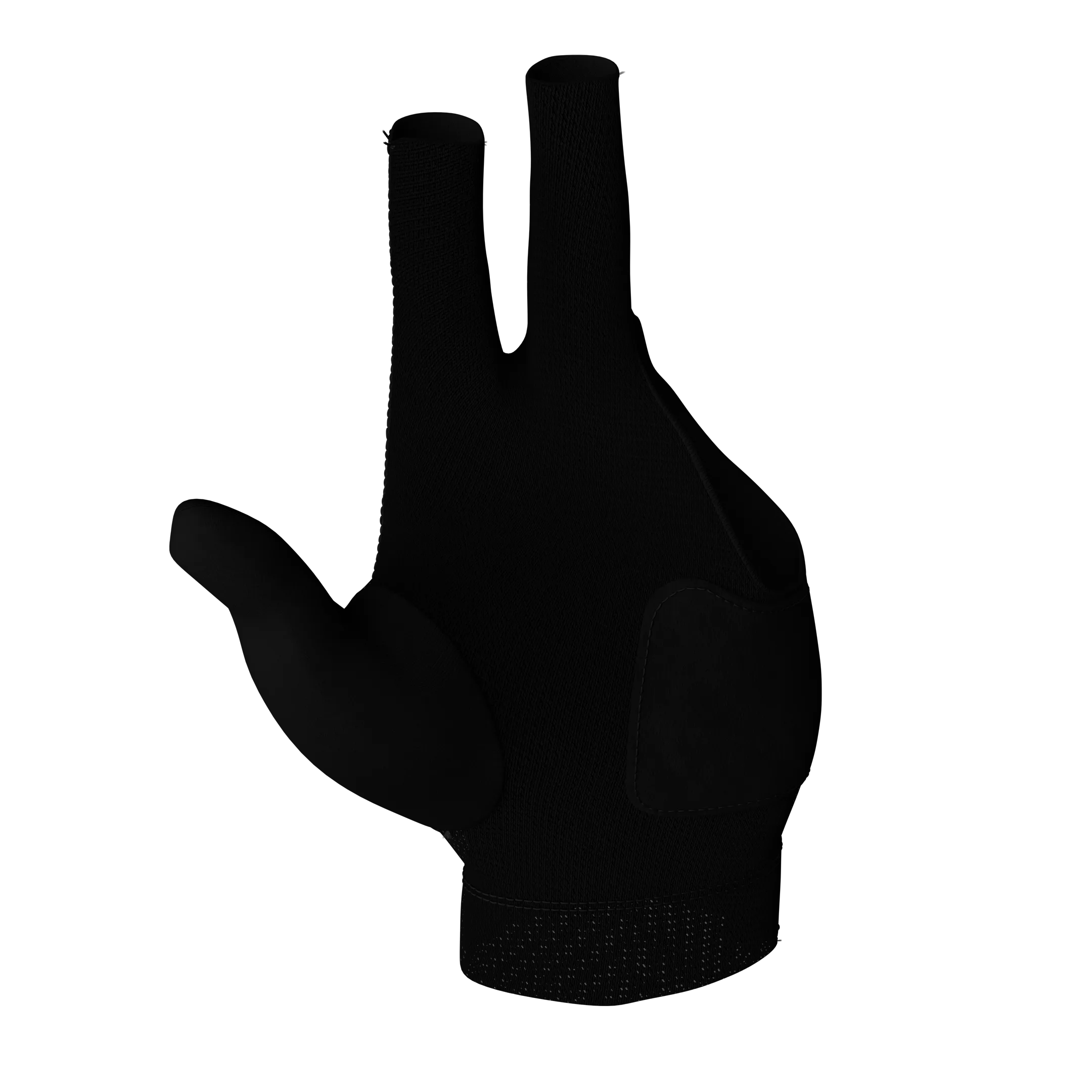 Black three-fingered glove on a white background.