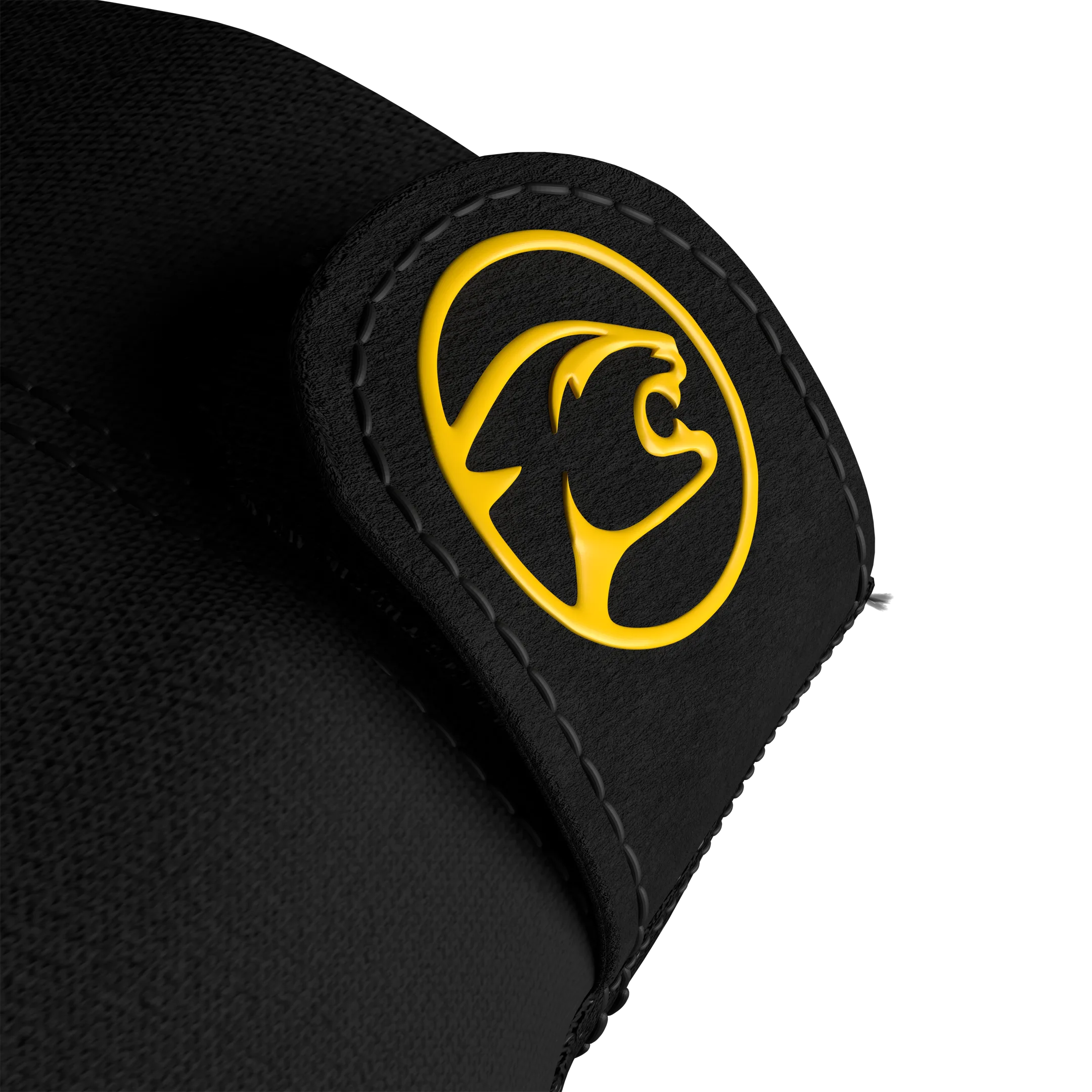 Close-up of black glove material with circular yellow cat head logo on a white background.