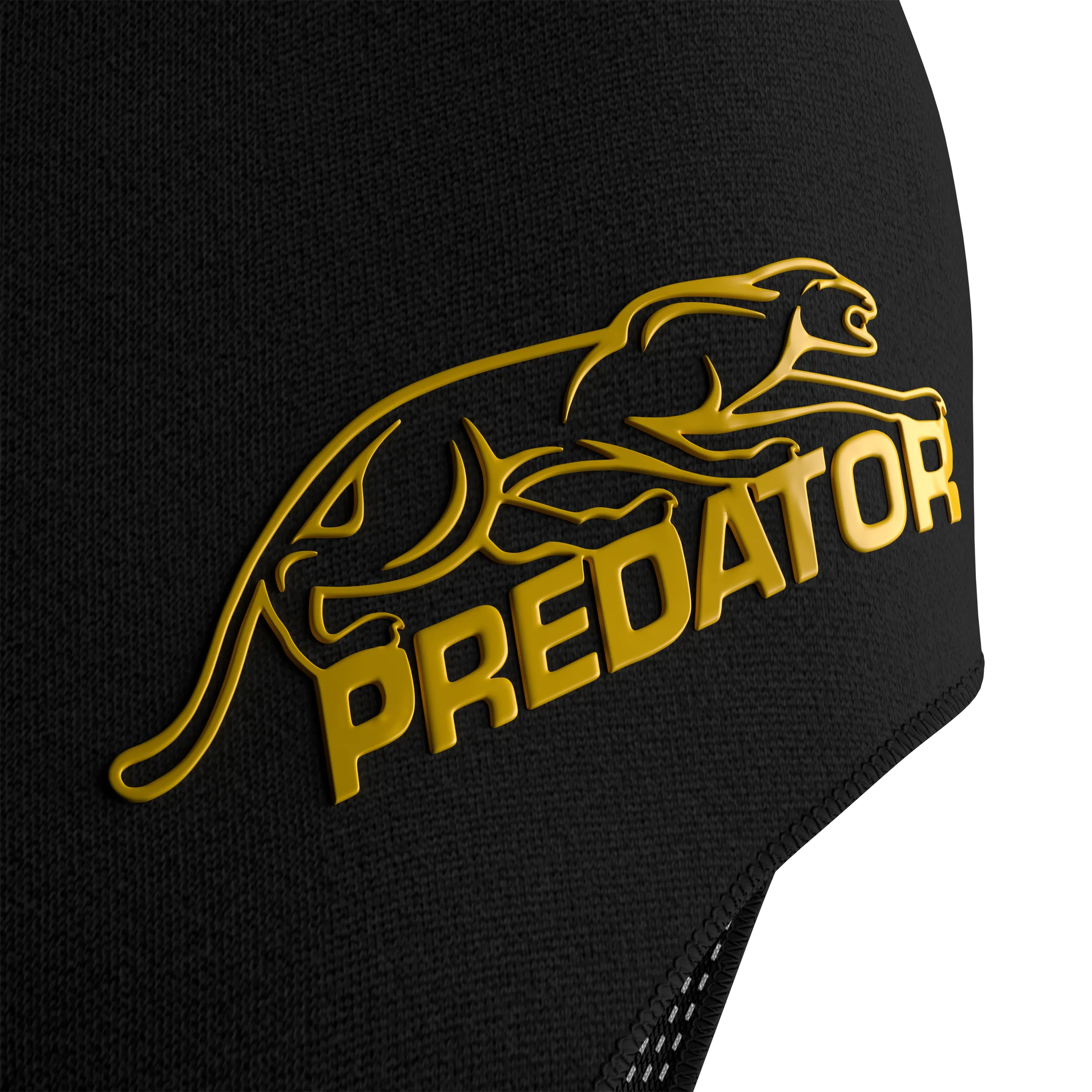 Close-up of black glove material with yellow Predator logo on a white background.