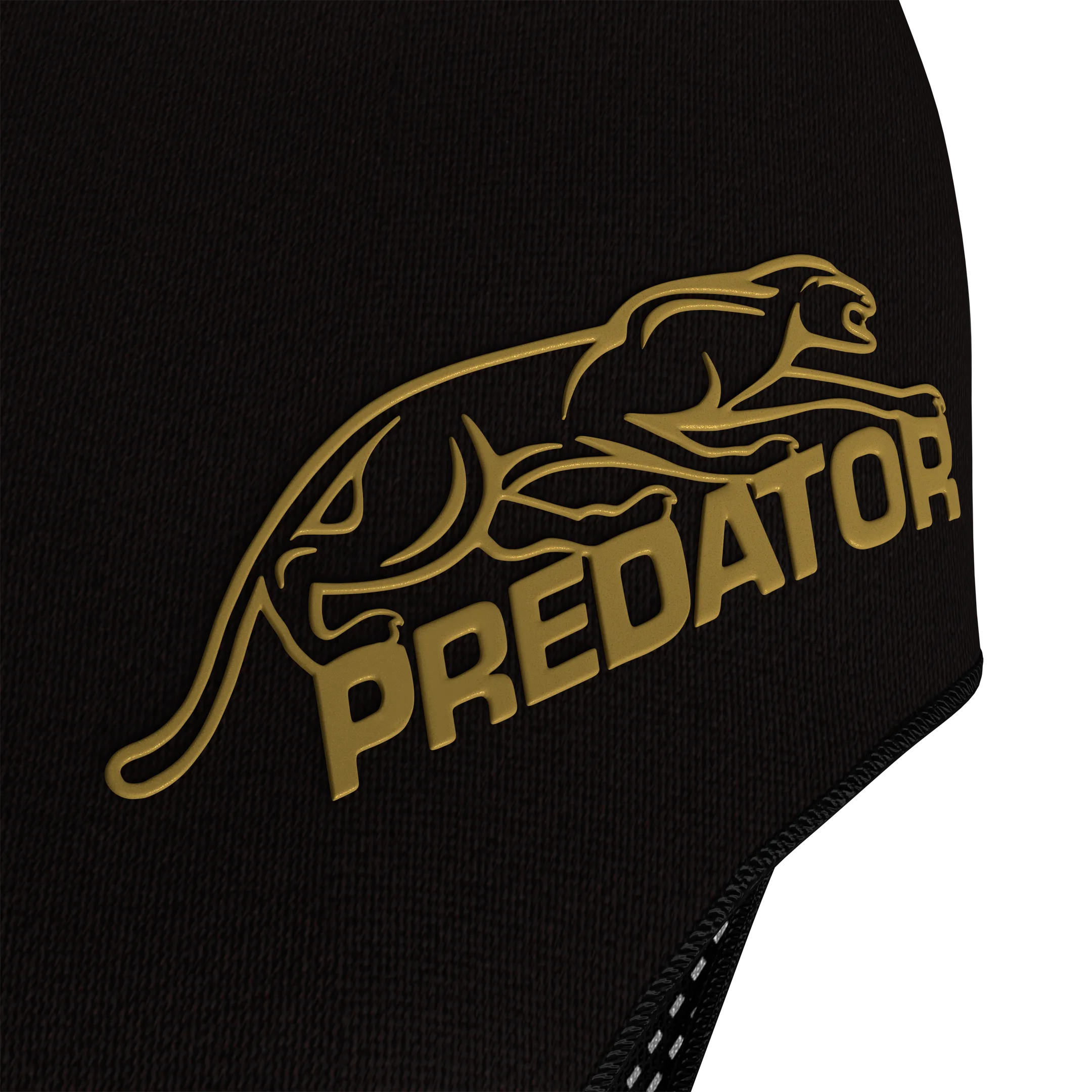Close-up of black glove material with gold 'Predator' logo on a white background.