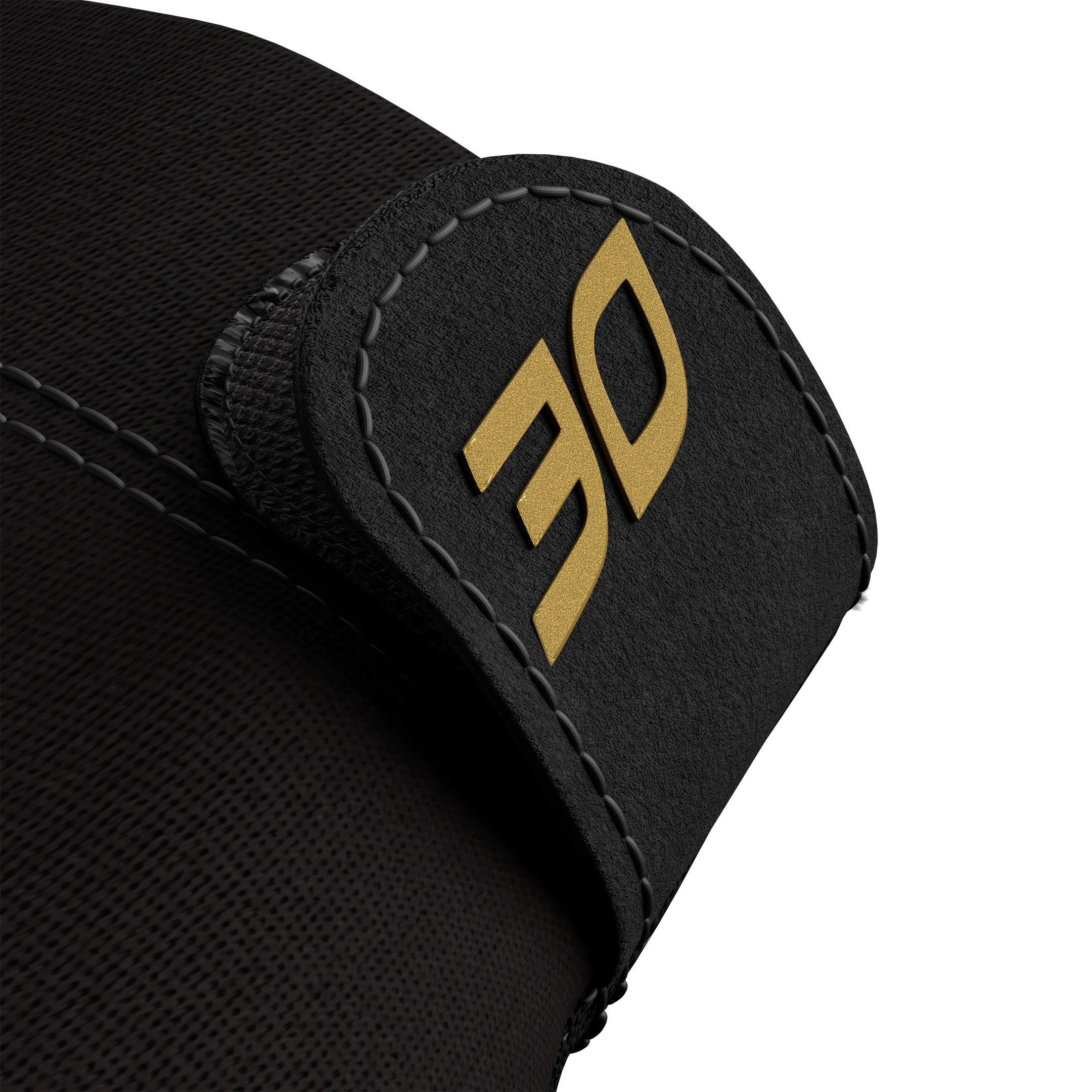 Close-up of black glove fabric with black glove lock featuring gold 30 logo on a white background.