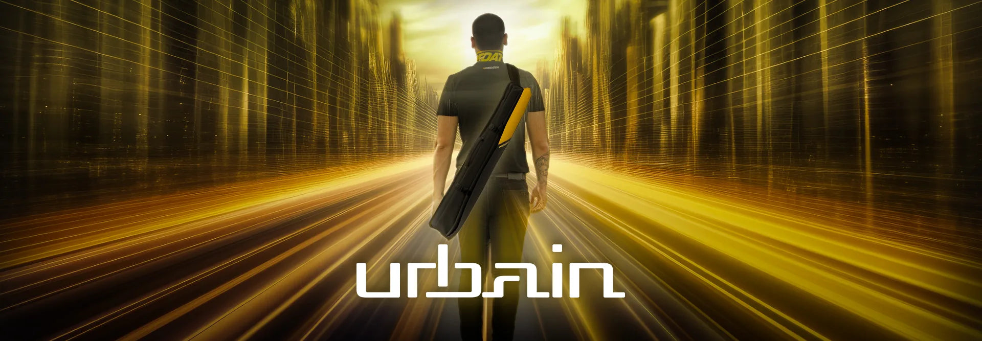 Person walking through a futuristic cityscape with 'urbain' branding.