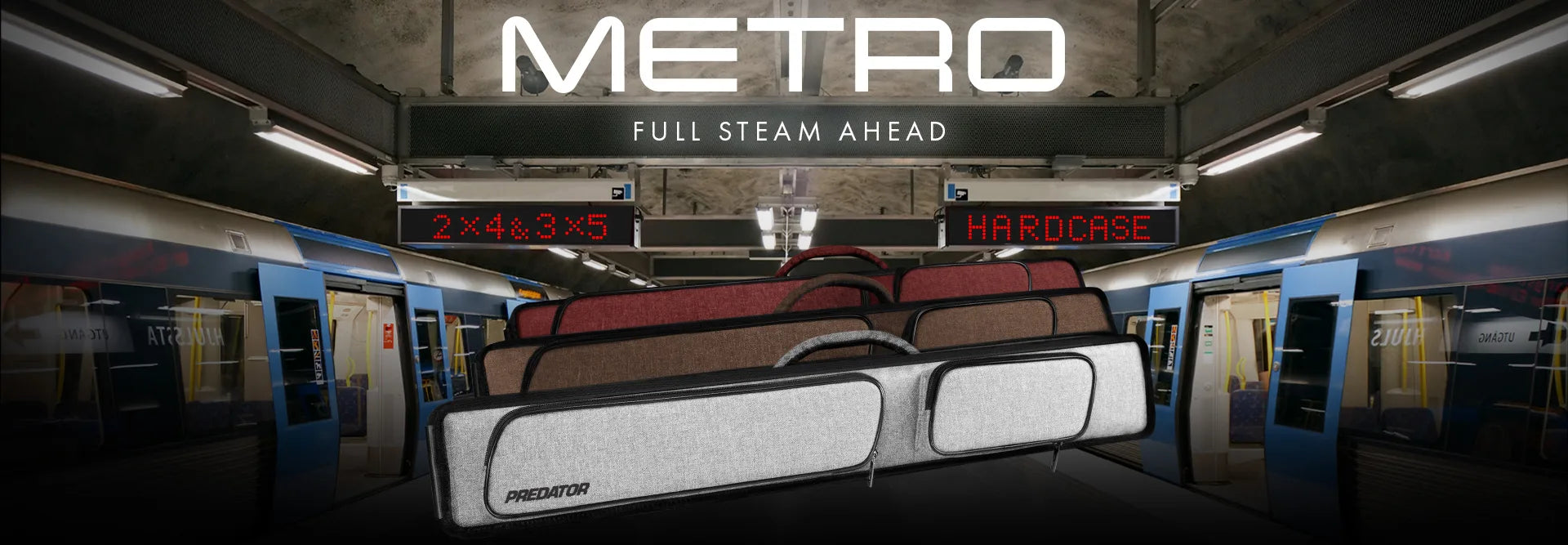Three PREDATOR pool cue cases in grey, brown and red with subway train background and METRO FULL STEAM AHEAD text. 