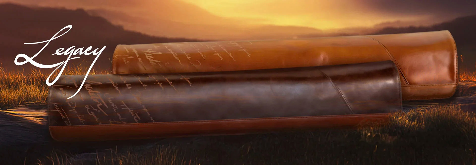 Leather pool cue case with 'Predator Legacy' branding and 'Seek adventure.' text in a scenic setting.