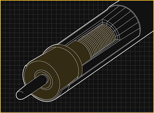 Technical drawing of a P3 Pool Cue with threads on a grid background