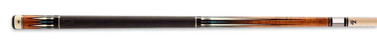 Brown wood pool cue with turquoise and ivory detailing and textured black wrap