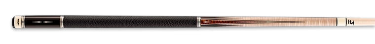 Pale wood pool cue with textured black wrap on a black background.