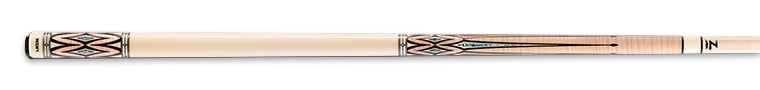 Ivory and pale wood pool cue with intricate design on a black background.