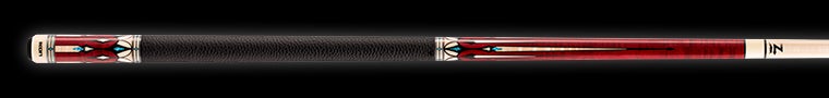 Red pool cue with pale wood detailing and textured black wrap on a black background.