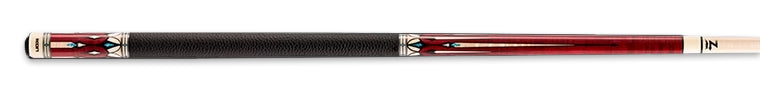 Red pool cue with pale wood detailing and textured black wrap on a black background.