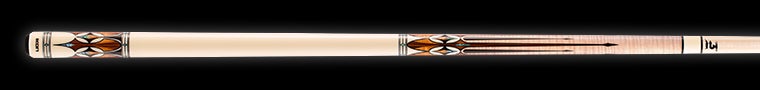 Ivory and pale wood pool cue with intricate design on a black background.