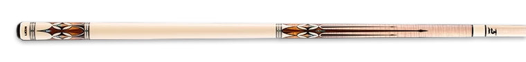 Ivory and pale wood pool cue with intricate design on a black background.