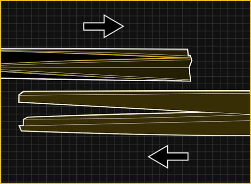 Diagram showing a cut piece of material with arrows indicating direction on a grid background.