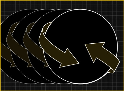 Technical drawing of a black spinning ball with arrow detail on a grid background.