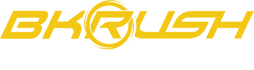 BK Rush Technology logo with yellow text on a transparent background
