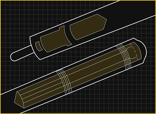 Technical drawing of a cylindrical object with a grid background.