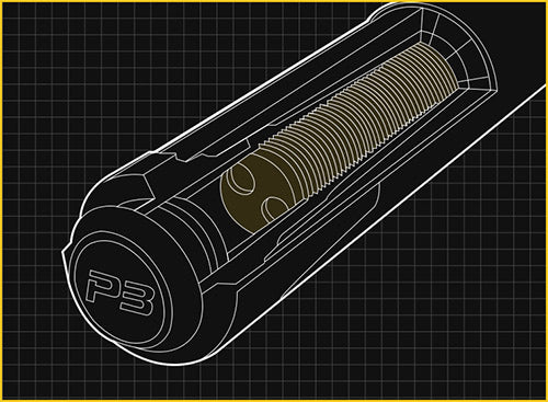Technical drawing of a pool cue butt cross-section with 'PB' branding on a grid background