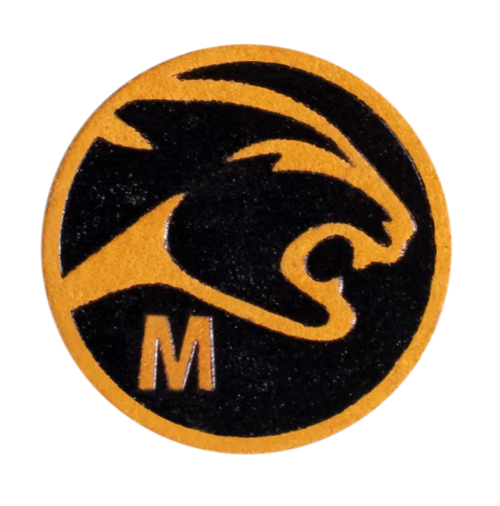 Predator Victory cue tip front view with yellow cat head and M hardness marking.